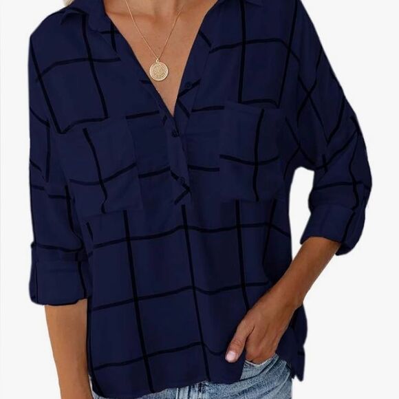 🔵 Women’s Navy Blue Windowpane Plaid Blouse | High-Low Hem | Size M - Picture 3 of 6